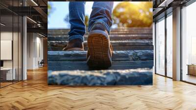 Step-by-step progress concept, with businessperson climbing stairs towards the top, representing success Wall mural