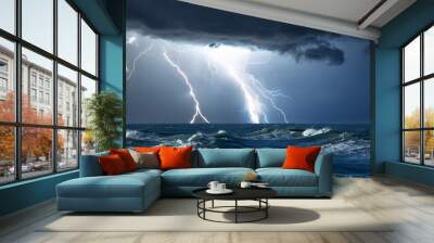 storm in ocean with lightings Wall mural