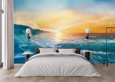 sunset ocean wave blue aqua teal painting romantic gold sky water waves banner graphic resource as background for seascape ocean waves tropical beach vacation travel art by vita for copy space Wall mural