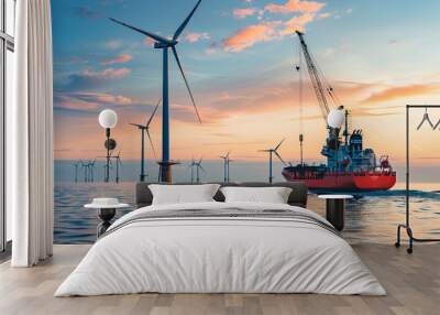 Transport ship and crane constructing offshore wind park Wall mural