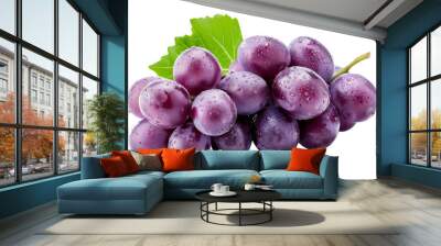 A bunch of ripe juicy purple grapes with green leaves, isolated on transparent background. Wall mural