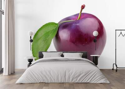 A purple plum with a green leaf. Wall mural