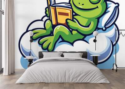 Cartoon frog enjoys reading a book while sitting on a fluffy cloud. vector illustrator. Wall mural