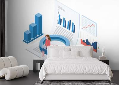 Data analysis isometric concept. Women sitting on magnifying glass and working on laptop computer with data analysis. Wall mural