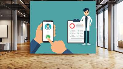 Hand holding smartphone with male doctor on call and an online consultation. Vector flat illustration. Wall mural