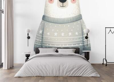 Polar bear dressed in a cozy, long-sleeved sweater decorated with stars Wall mural