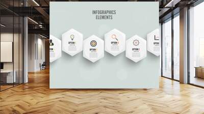 Vector infographic template with 3D paper label, integrated circles. Business concept with 6 options. For content, diagram, flowchart, steps, parts, timeline infographics. Wall mural