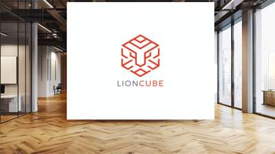 Lion logo formed cube symbol with simple line in orange color Wall mural