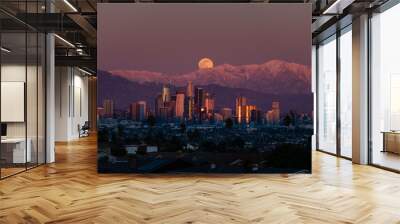 Los Angeles Skyline and Full Moon Rising Behind Snowy Mt Baldy  Wall mural