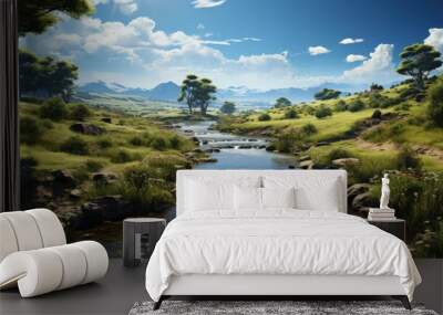 A tranquil river meandering through a green countryside Wall mural