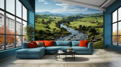 A tranquil river meandering through a green countryside Wall mural