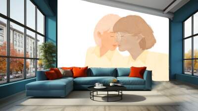 two teenage Asian students kissing young LGBTQ lesbian couple love moments on transparent background Wall mural