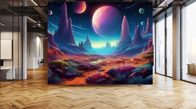 Colorful alien planet landscape featuring a path winding through mountains, colorful vegetation, and multiple planets visible in the sky Wall mural