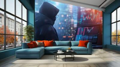 Hacker portrayed in profile, heavily engaged in work with a computer and a substantial digital screen showcasing forex trading data. Wall mural