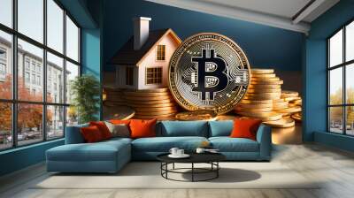 House model standing on a pile of gold coins with bitcoin cryptocurrency suggesting real estate investment Wall mural