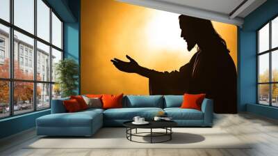 Jesus' silhouette with outstretched arm on bright backdrop Wall mural