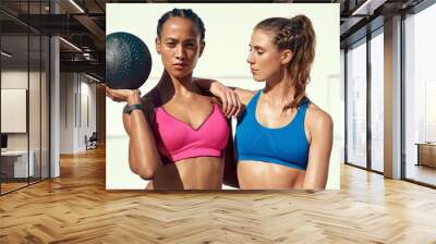 You gotta grab life by the balls. two sporty young women posing with a medicine ball. Wall mural