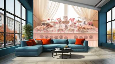 Lovely pastel pink candy bar at the wedding party	 Wall mural