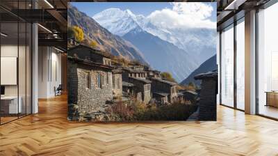 Manang's stone village set against Nepal's majestic mountains. Wall mural