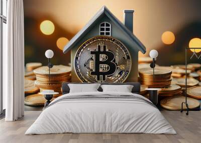 Miniature house standing on a pile of golden bitcoin cryptocurrency coins, suggesting real estate investment or mortgage payment using digital currency Wall mural