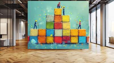 A drawing of a team building a tower of blocks, symbolizing constructing a solid business foundation. Wall mural