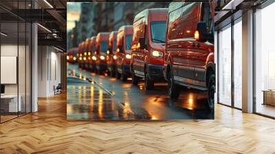 A fleet of delivery vans ready for dispatch, representing last-mile logistics. Wall mural