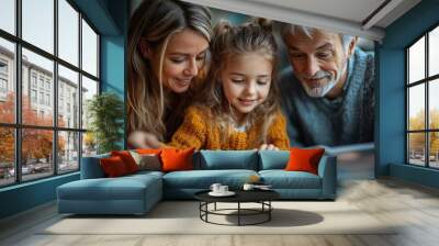 a small girl with mother and grandmother at home looking at photographs Wall mural