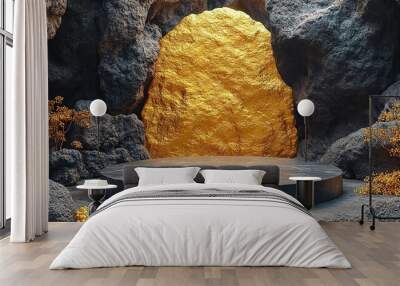 abstract backgroun with black rock cobblestone ruins an golden nuggets levitating modern minimal showcase with empty podium for product presentation Wall mural