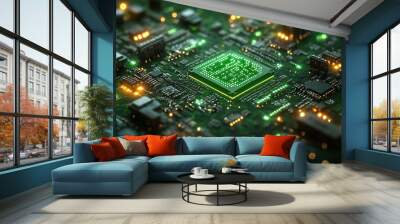 abstract backgroun with microchip glowing with green neon fluorescent light virtual reality matrix cyber network digital high tech wallpaper Wall mural