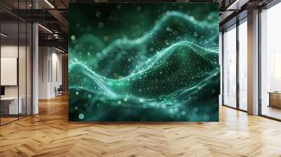 abstract blue green technology background with a cyber network grid and connected particles artificial neurons global data connections .stock immage Wall mural