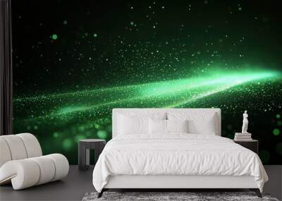 abstract digital wallpaper green neon lines over the black backgroun particles falling down with glowing tails Wall mural