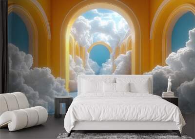 abstract minimal backgroun white clouds flying out the blue tunnel inside the yellow room Wall mural