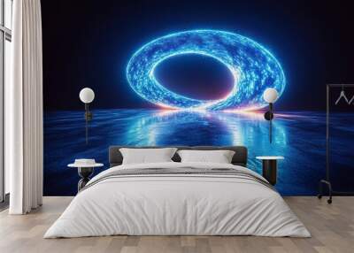 abstract panoramic backgroun of twiste dynamic blue neon lines glowing in the dark room with floor reflection virtual fluorescent ribbon loop fantastic minimalist wallpaper Wall mural