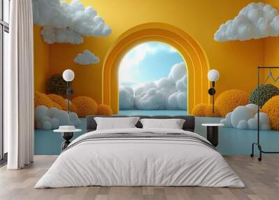 abstract yellow backgroun with white clouds flying under the roun blue arch modern minimal scene Wall mural