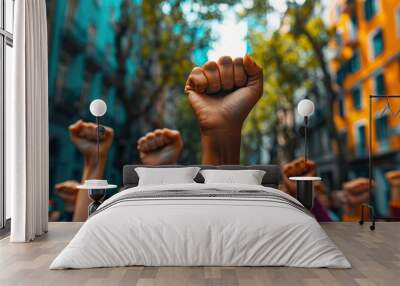 african american people in a crowd fighting and protesting in the street with raised fists against racism and racial discrimination for change freedom justice.illustration,stock photo Wall mural