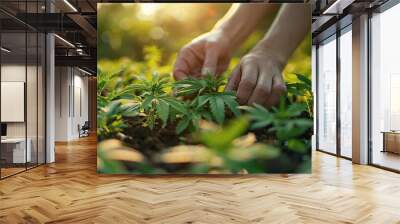 An elderly caretaker utilizes medical cannabis cultivation to alleviate rheumatism and pain as a natural remedy..stock photo Wall mural