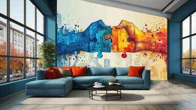 An illustration of two hands connecting like puzzle pieces, symbolizing perfect business fit. Wall mural