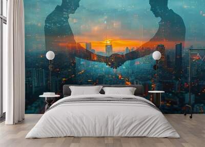 An image of a handshake superimposed over a city skyline, symbolizing urban business partnerships. Wall mural