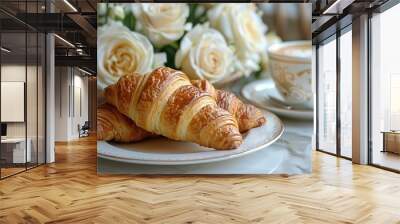 beautiful modern kitchen countertop with fresh croissants and a cup of coffee and tea sunny morning breakfast with white roses flowers behindillustration image Wall mural