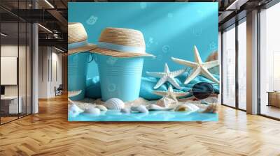 bucket with sand molds beach towel and sunglasses on a blue background flat lay top view.image Wall mural