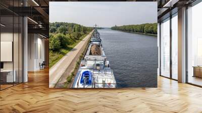 Cargo boats anchored in row on bank of Albert canal before reaching Lanaye lock, parallel empty rural street, abundant leafy green trees, sunny day with misty blue sky in background, Vise, Belgium Wall mural