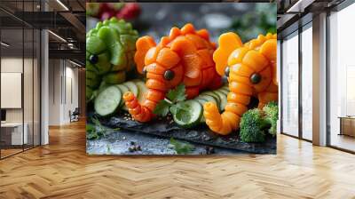 childrens meal in animal dishes a vibrant display of healthy foods in elephant and dinosaur shaped dishes perfect for content on kids nutrition and creative meal ideas.illustration Wall mural