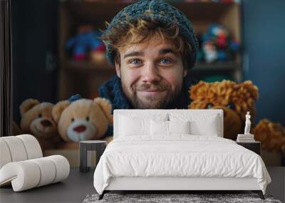 close up of a man with a cardboard box full of toys to donate stock image Wall mural