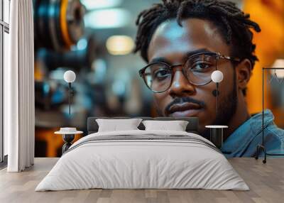 close up of young concentrated african american industrial man working on cutter indoors in metal workshop Wall mural