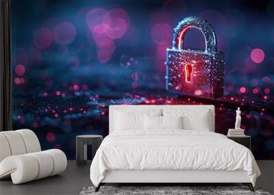 digital padlock for computing system on dark blue background cyber security technology for fraud prevention and privacy data network protection concept.stock photo Wall mural