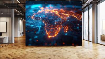 digital world map africa and asia concept of global network and connectivity high speed data transfer and cyber technology business exchange information.illustration Wall mural