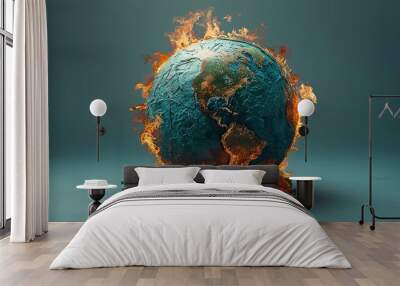 earth globe burning into flames america destroyed by fire conceptual illustration of global warming temperature increase extreme heat and climate change disaster.illustration stock image Wall mural