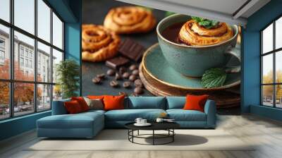 green cup of tea with mini chocolate bun puff pastry on old wooden table tasty tea break concept copy space,art illustration Wall mural