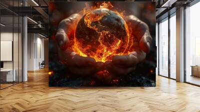 hands holding earth globe burning into flames america destroyed by fire conceptual illustration of global warming temperature increase on planet extreme heat.illustration,stock photo Wall mural