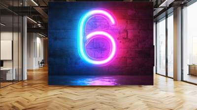 linear symbol neon number six glowing in the dark with ultraviolet light pink blue gradient laser ray Wall mural